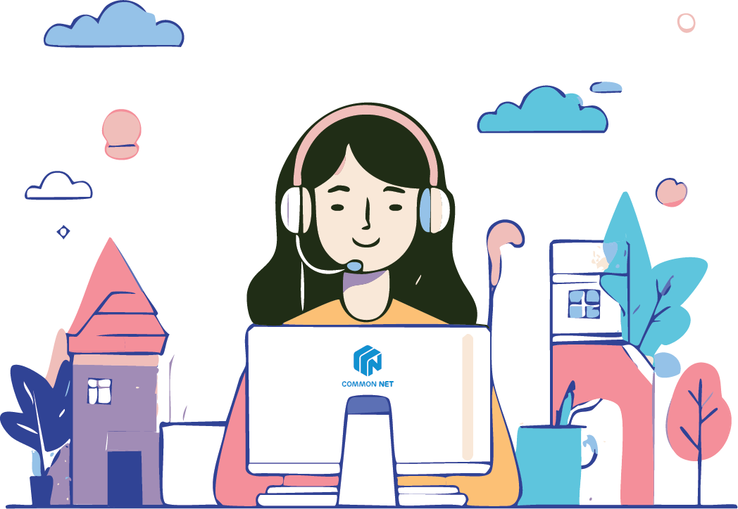 Illustrazione di una ragazza al centralino di Common Net Help Desk, per Assistenza Tecnica E Commerciale