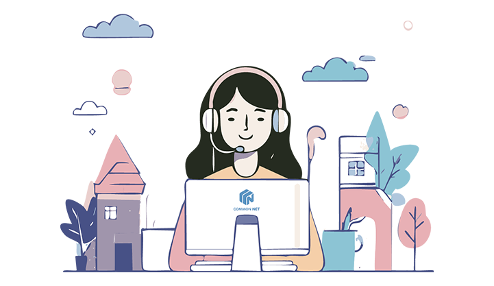Illustrazione di una ragazza al centralino di Common Net Help Desk, per Assistenza Tecnica E Commerciale