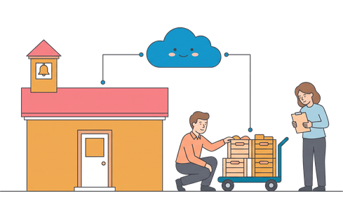 Illustrazione per comunità e associazioni: volontari con un carrello di scorte davanti alla sede, collegata al cloud Common Net