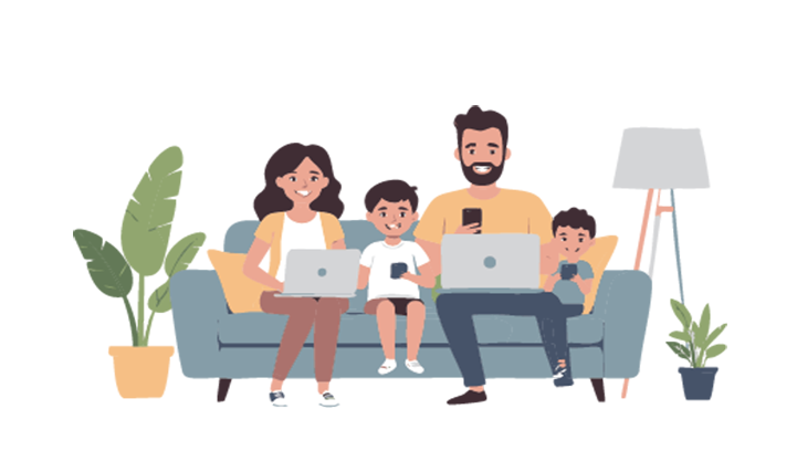Family on a couch with phone and laptops