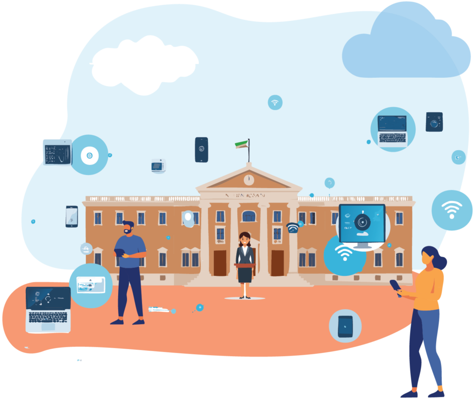 Illustration of a public administration building with an Italian flag surrounded by devices and connectivity signals